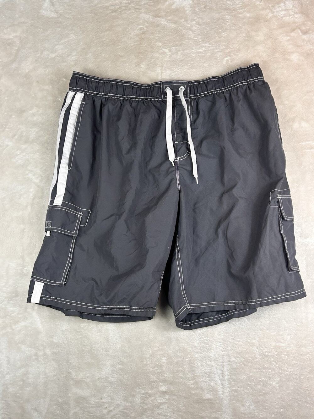 Kanu Surf Cargo Board Shorts Mens XXL Gray White Stripe Mesh Lined Swim Trunks